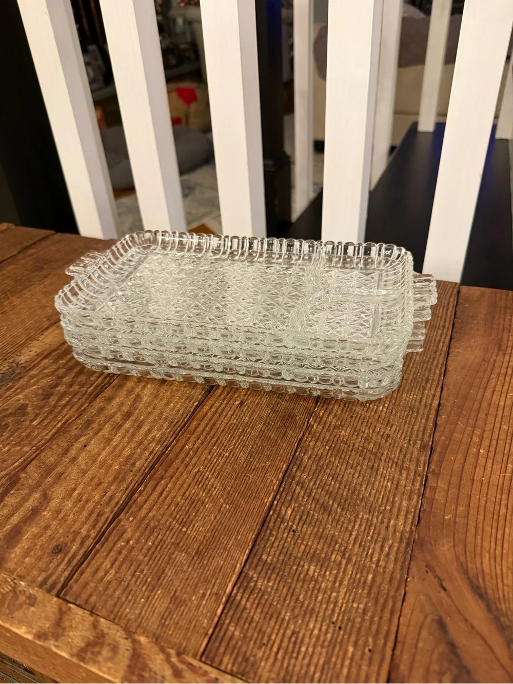 Set of (4) vintage 1950s clear pressed glass divided snack or relish trays.